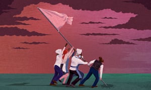 Ilustración del personal del restaurante levantando una bandera de mantel con su poste metido en una celda de coronavirus