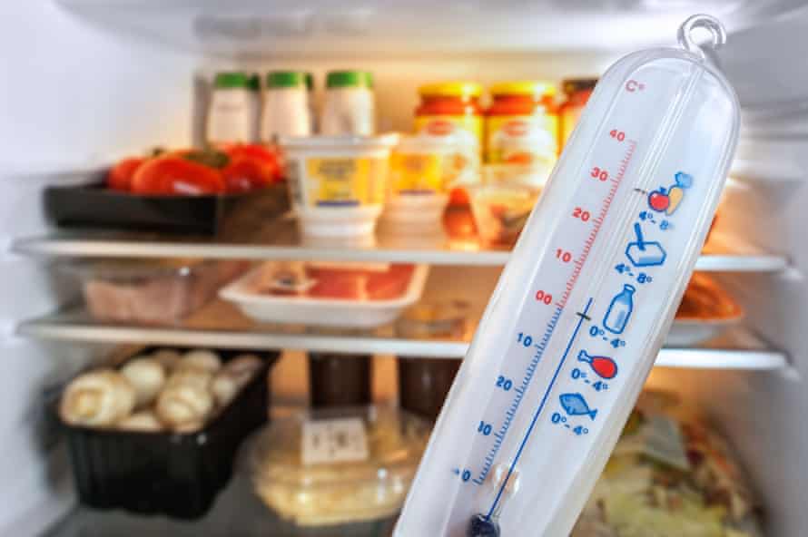 Un termómetro de refrigerador está frente a un refrigerador.