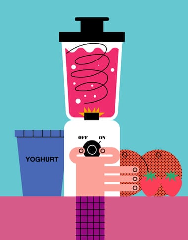 Ilustración de una mano que enciende una licuadora para hacer un batido de yogur de fresa
