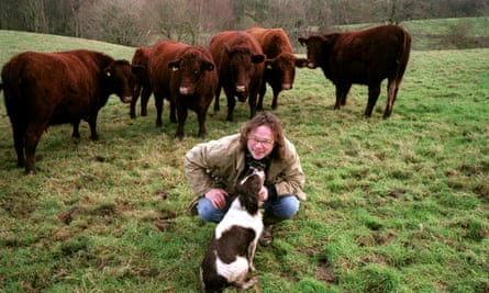 Hugh Fearnley-Whittingstall en un campo con vacas y un perro